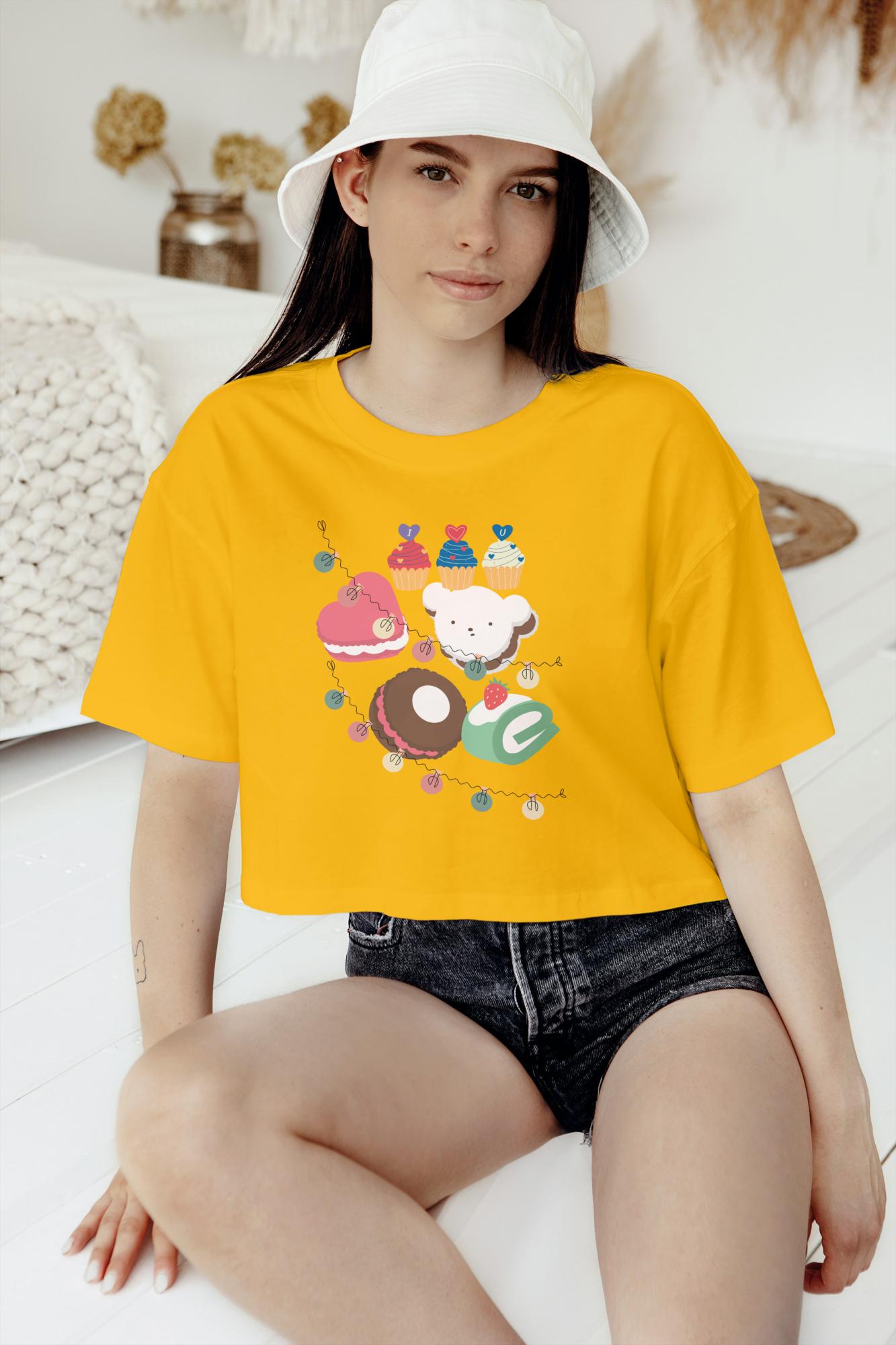 Women's Round Neck CupCake Crop Top White by ZealforTee