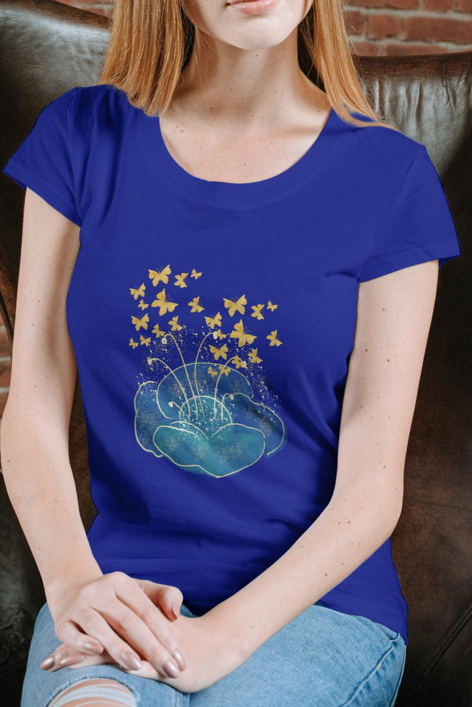 Women's Bud with Monarch T-shirt Royal Blue by ZealforTee