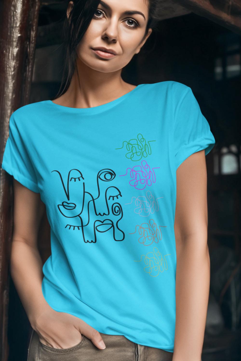 Women's Abstract Face Art T-shirt Sky Blue by ZealforTee