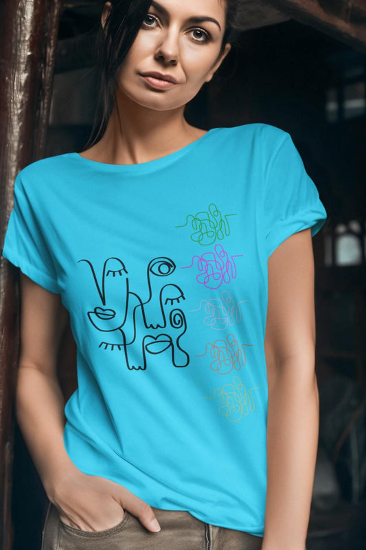 Women's Abstract Face Art T-shirt Sky Blue by ZealforTee