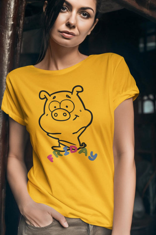 Women's Piggy Friday T-shirt Golden Yellow by ZealforTee