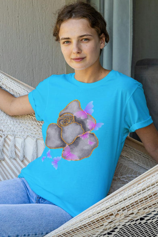 Women's Grey Rose T-shirt Sky Blue by ZealforTee