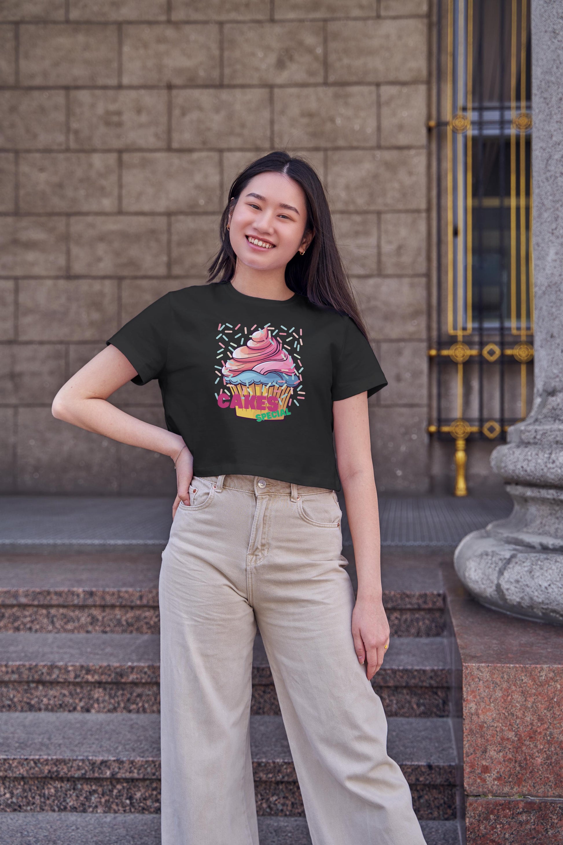 Women's Round Neck Cake Special Crop Top White by ZealforTee