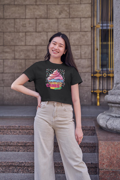 Women's Round Neck Cake Special Crop Top White by ZealforTee