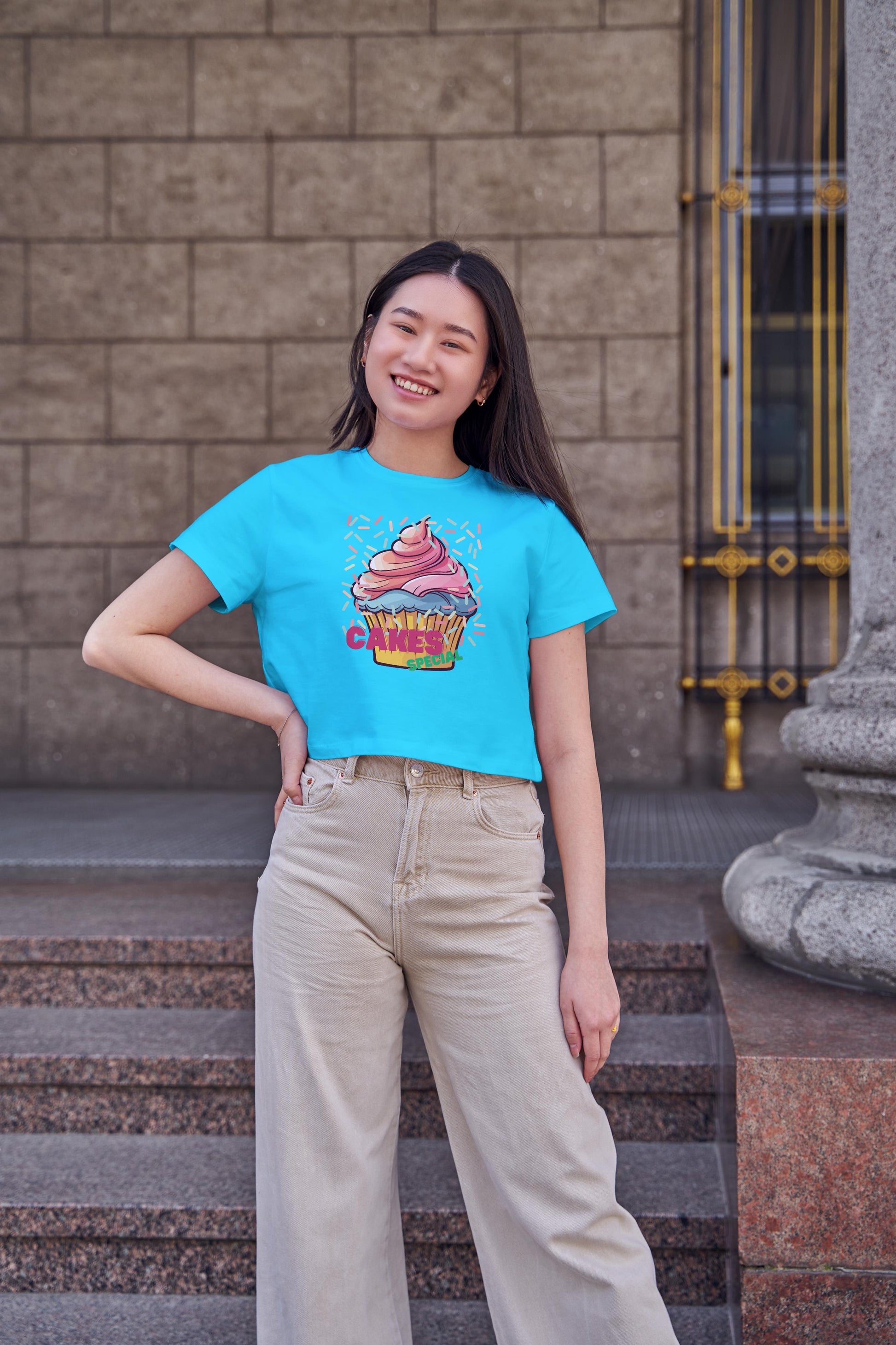 Women's Round Neck Cake Special Crop Top Black by ZealforTee