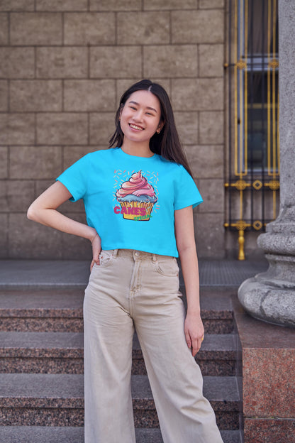 Women's Round Neck Cake Special Crop Top Black by ZealforTee