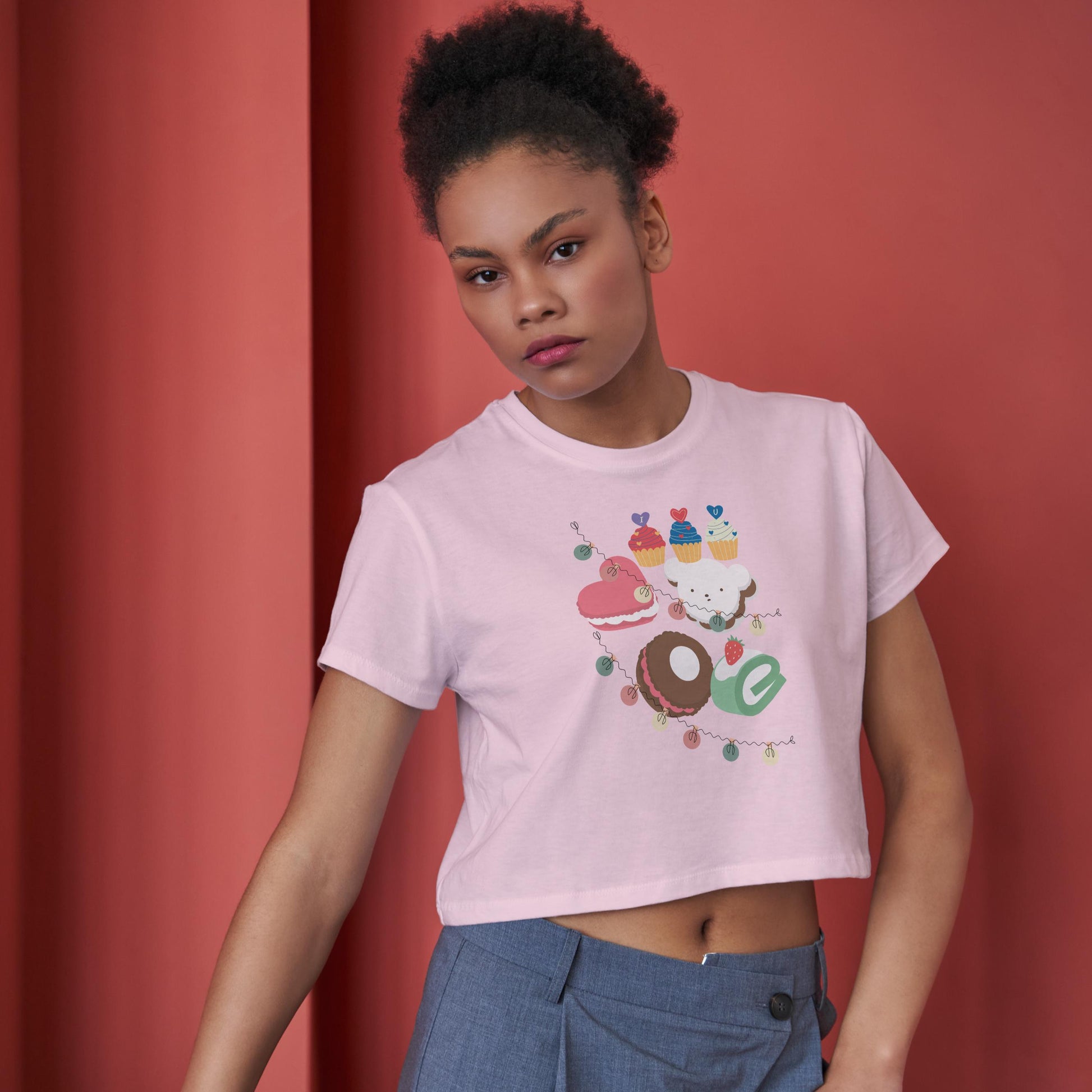 Women's Round Neck CupCake Crop Top Light Pink by ZealforTee