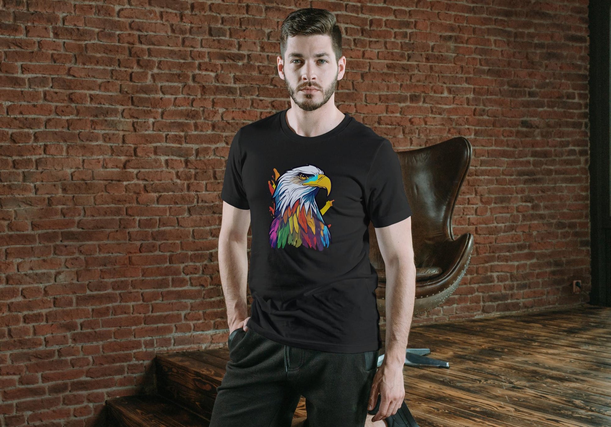 Men's Round Neck Eagle T-shirt Black by ZealforTee
