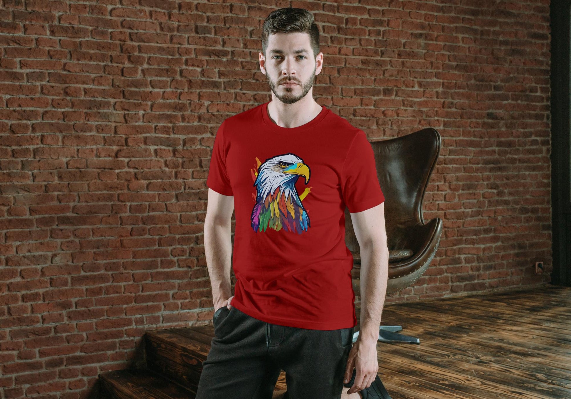 Men's Round Neck Eagle T-shirt Red by ZealforTee