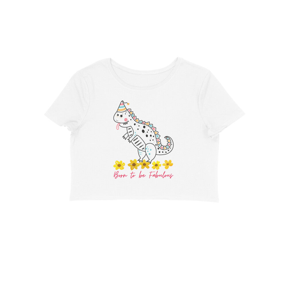 Women's Round Neck Dino Crop Top White by ZealforTee