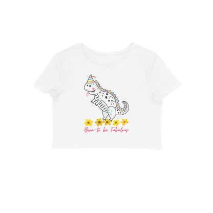 Women's Round Neck Dino Crop Top White by ZealforTee