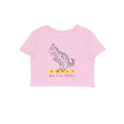 Women's Round Neck Dino Crop Top White by ZealforTee