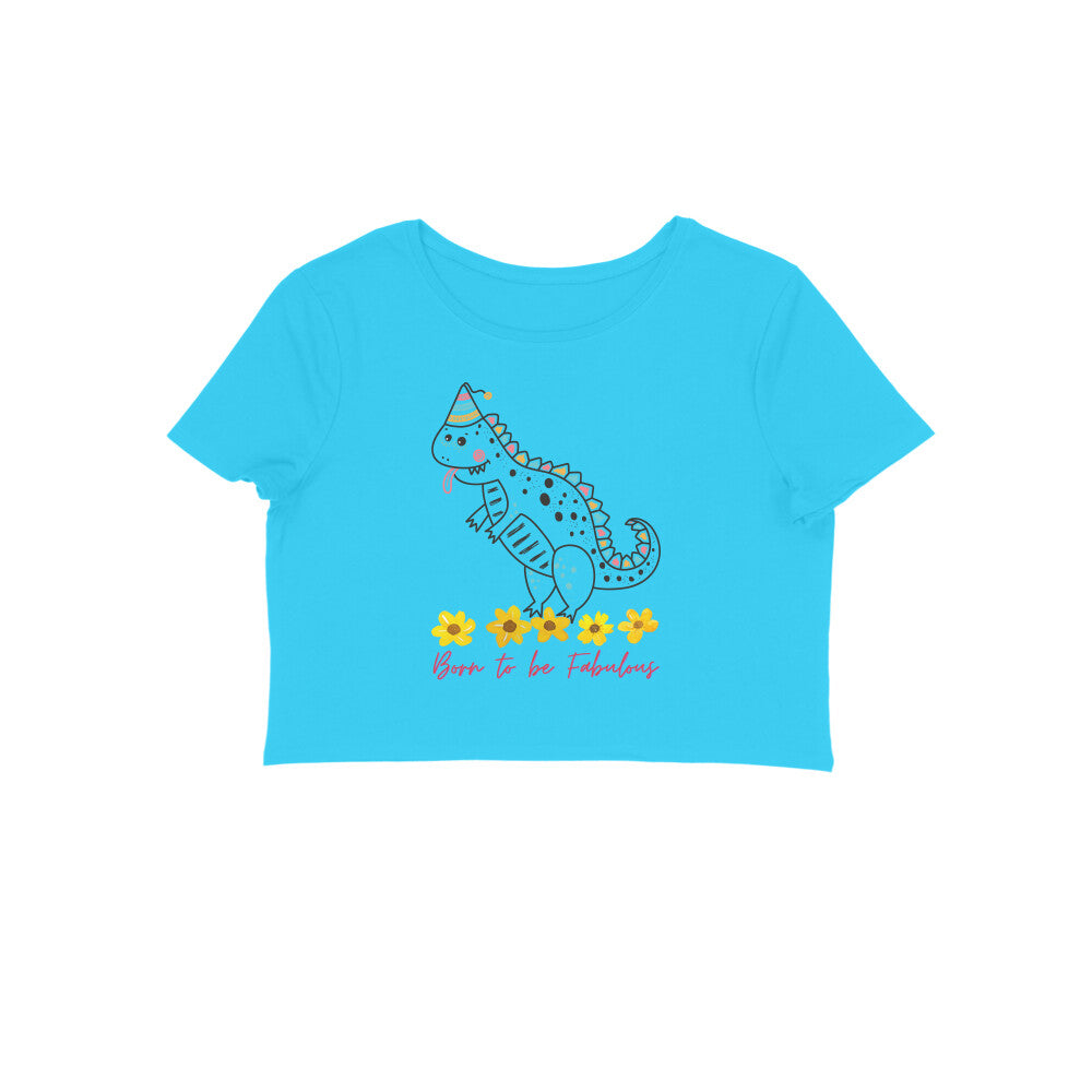 Women's Round Neck Dino Crop Top White by ZealforTee