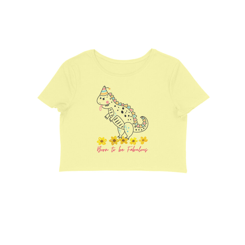 Women's Round Neck Dino Crop Top White by ZealforTee