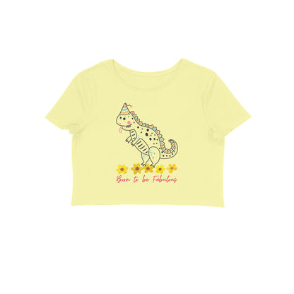 Women's Round Neck Dino Crop Top White by ZealforTee