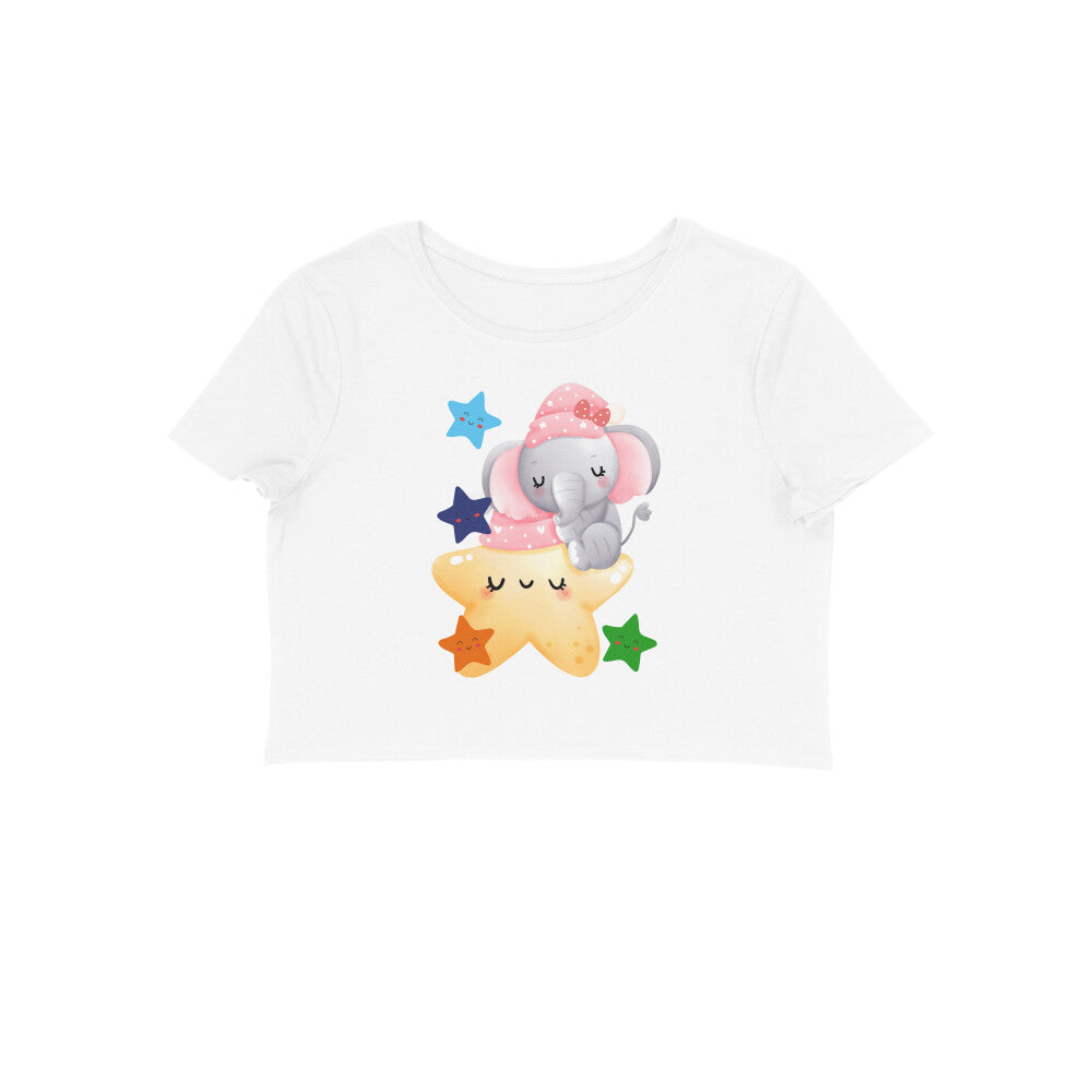 Women's Round Neck Baby Elephant Crop Top White by ZealforTee