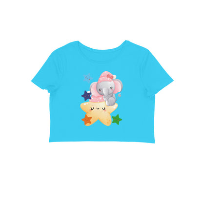Women's Round Neck Baby Elephant Crop Top Sky Blue by ZealforTee