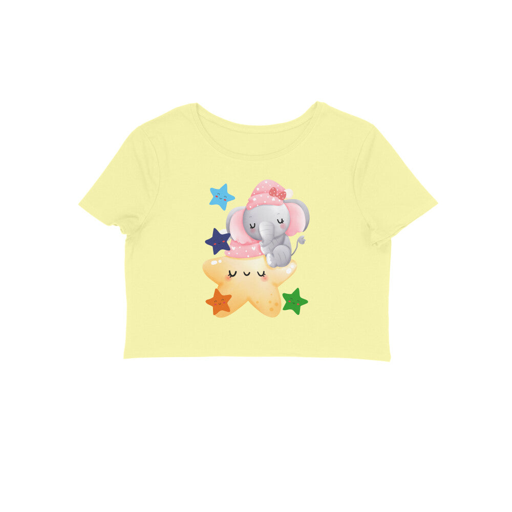 Women's Round Neck Baby Elephant Crop Top Black by ZealforTee