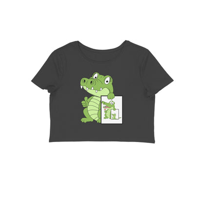 Women's Round Neck Cute Croco Crop Top Butter Yellow by ZealforTee