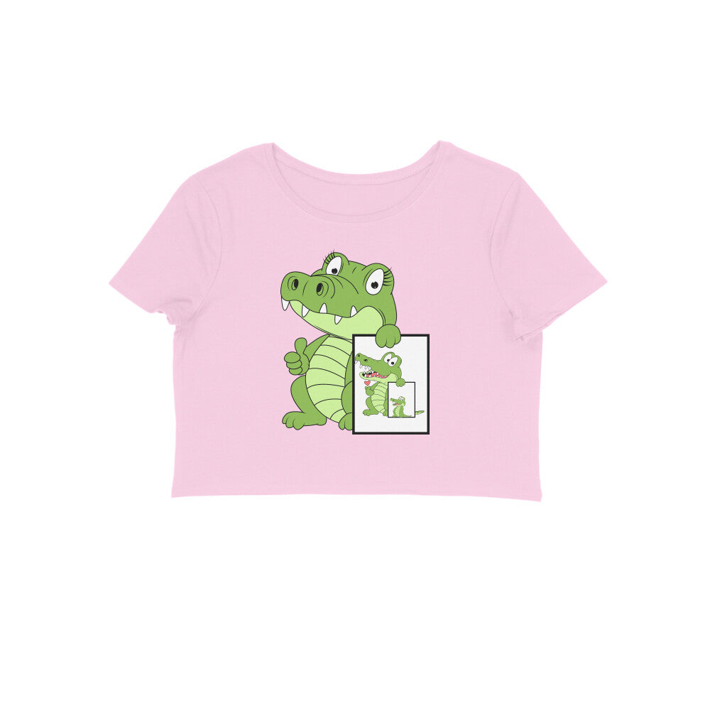 Women's Round Neck Cute Croco Crop Top Butter Yellow by ZealforTee