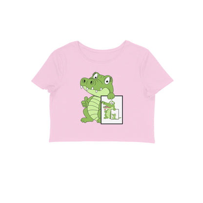 Women's Round Neck Cute Croco Crop Top Butter Yellow by ZealforTee