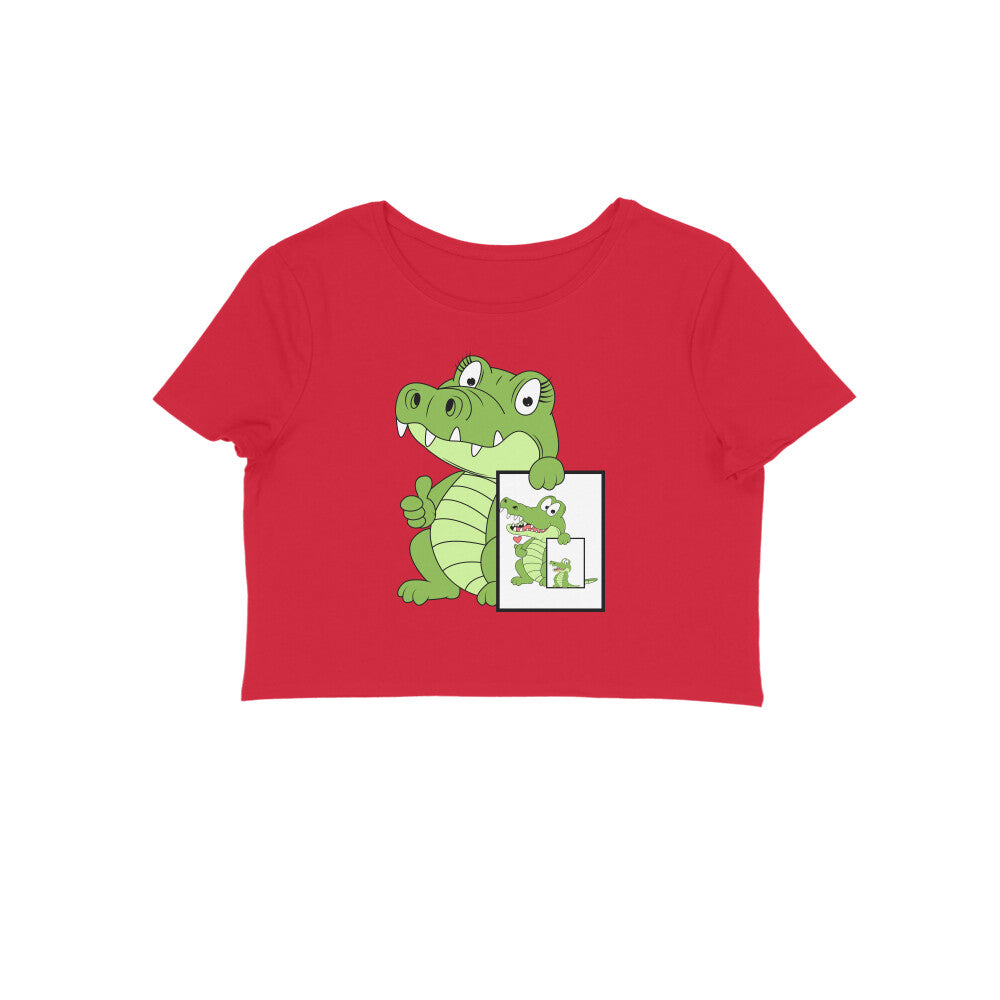 Women's Round Neck Cute Croco Crop Top Butter Yellow by ZealforTee