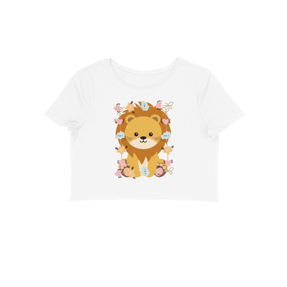 Women's Round Neck Baby Lion Crop Top Maroon by ZealforTee