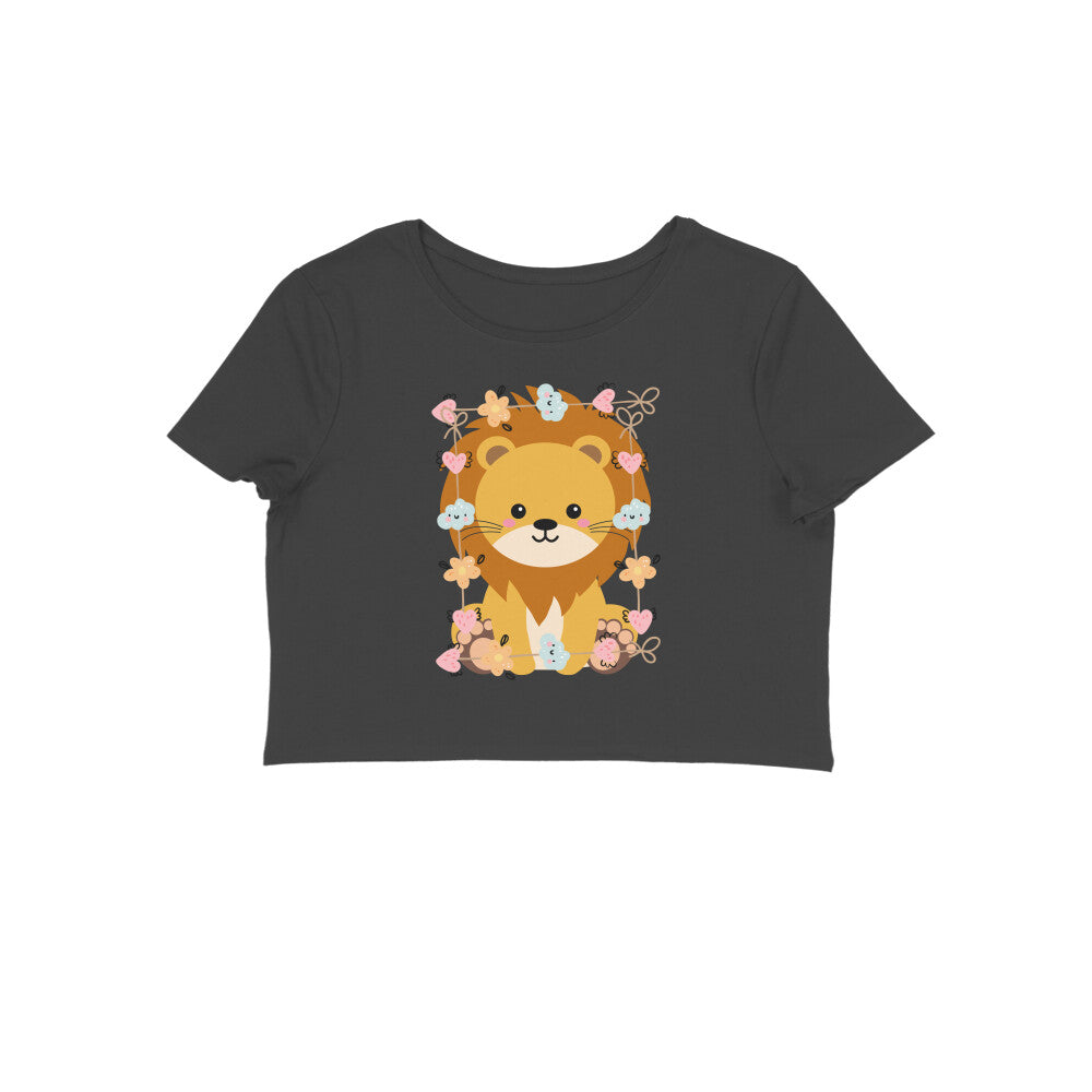 Women's Round Neck Baby Lion Crop Top White by ZealforTee