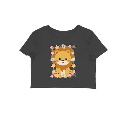 Women's Round Neck Baby Lion Crop Top White by ZealforTee