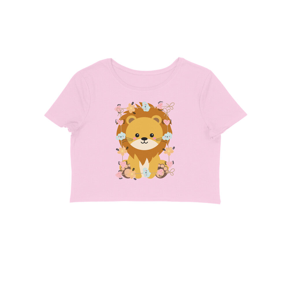 Women's Round Neck Baby Lion Crop Top Maroon by ZealforTee