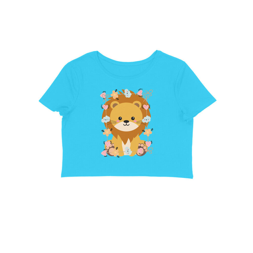 Women's Round Neck Baby Lion Crop Top Butter Yellow by ZealforTee