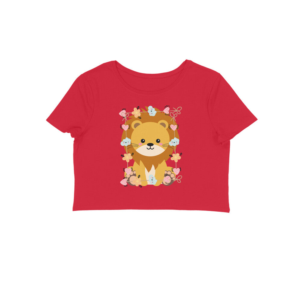 Women's Round Neck Baby Lion Crop Top Maroon by ZealforTee