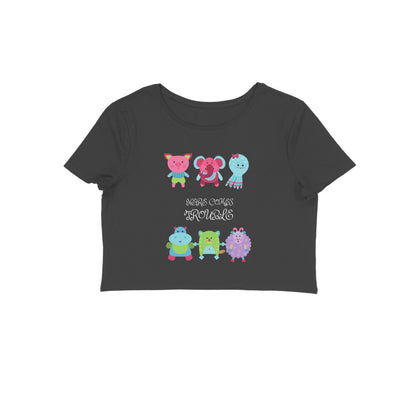 Women Round Neck Trouble Black Crop Top Black by ZealforTee