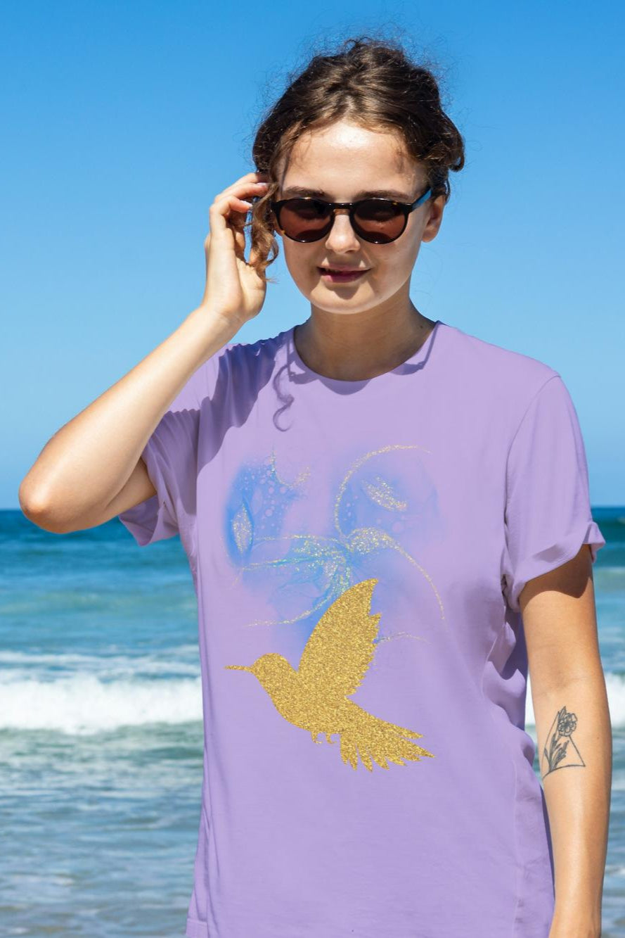 Women's Golden Bird T-shirt Iris Lavender by ZealforTee