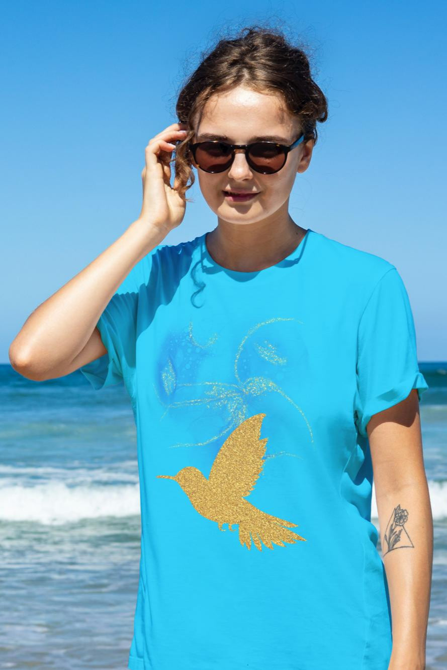 Women's Golden Bird T-shirt Sky Blue by ZealforTee