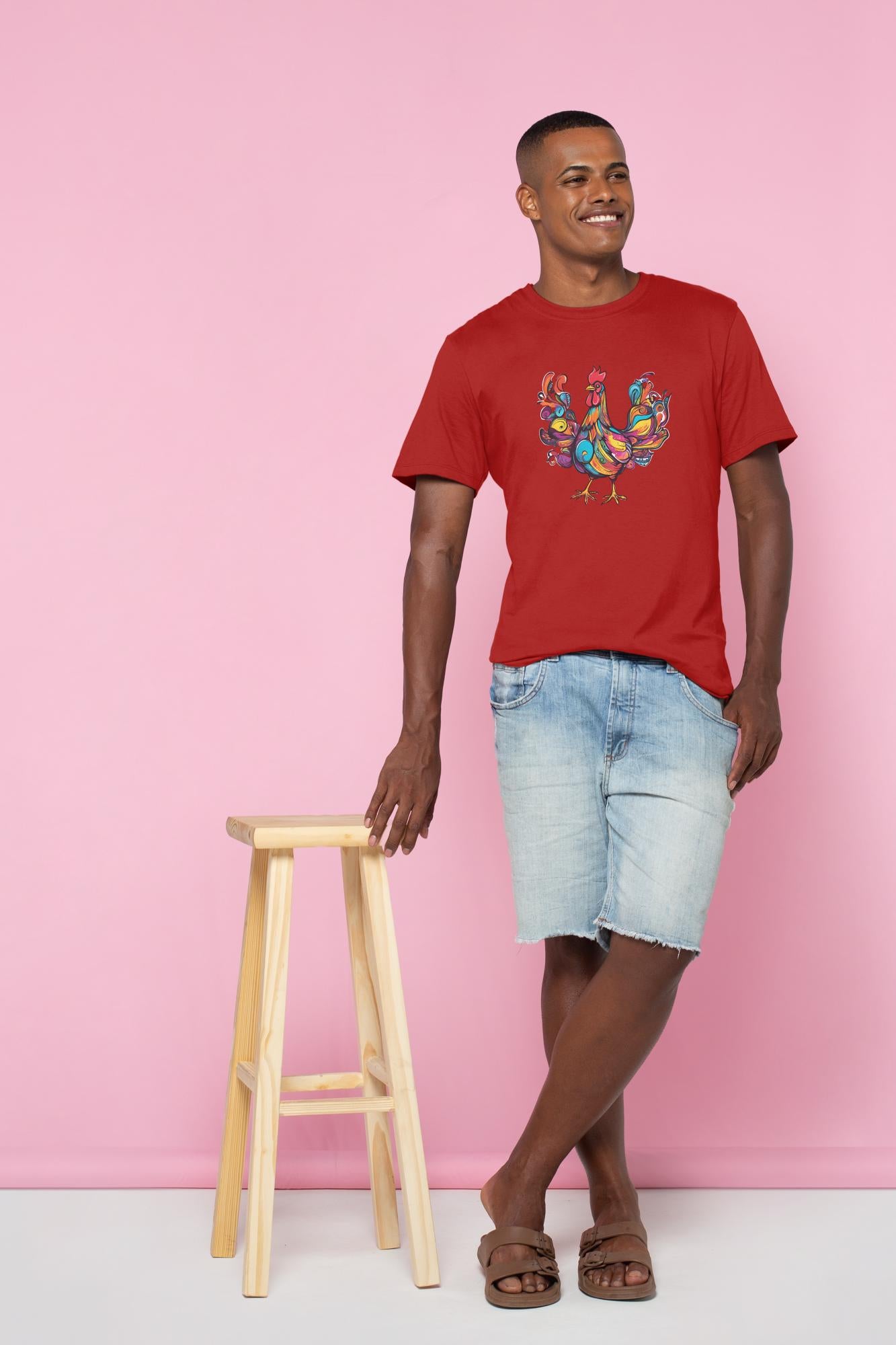 Men's Round Neck Hen T-shirt Red by ZealforTee