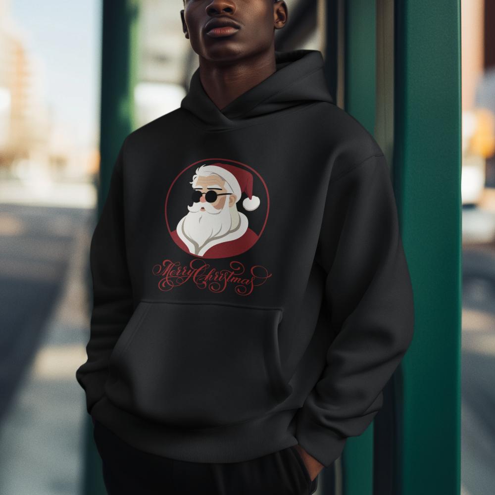 Men's Hipster Santa Hoodie Sweatshirt Black by ZealforTee