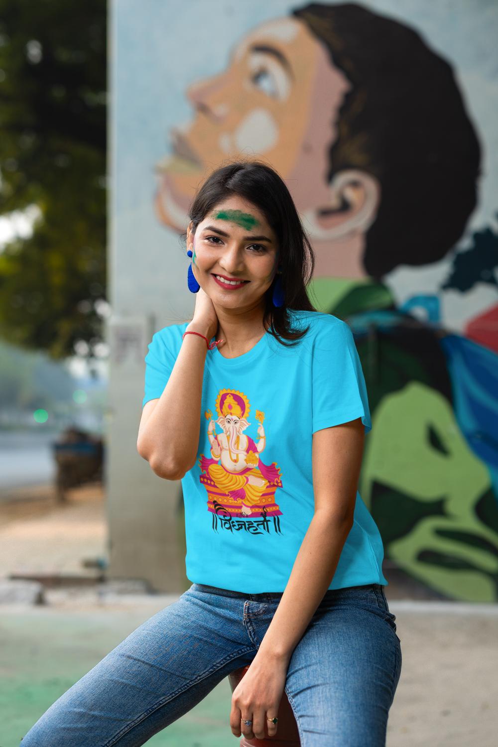 Women's Ganesh Chaturthi T-shirt Sky Blue by ZealforTee