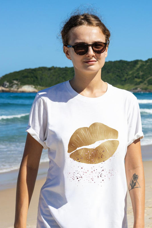 Women's Golden Lips T-shirt Sky Blue by ZealforTee