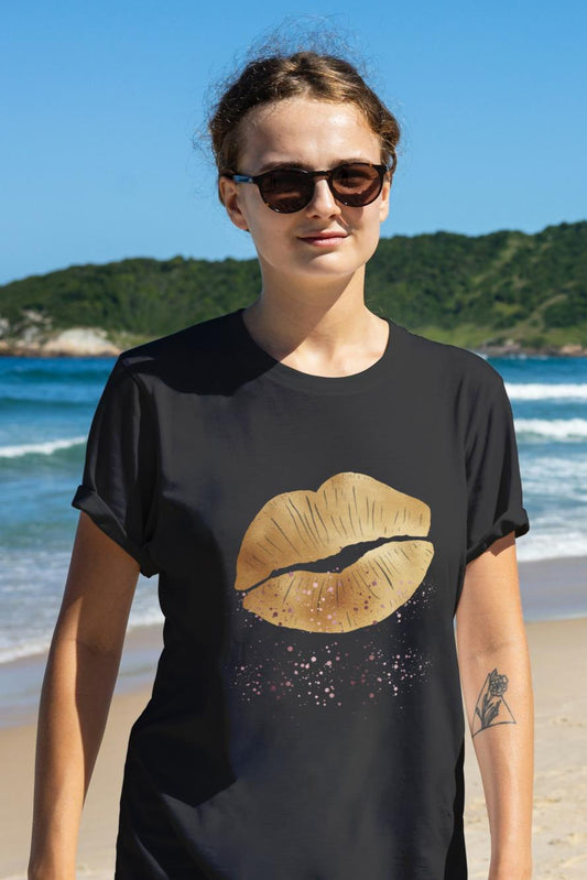 Women's Golden Lips T-shirt Sky Blue by ZealforTee