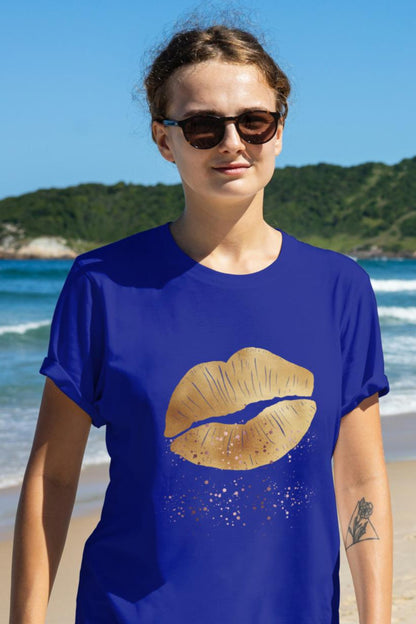 Women's Golden Lips T-shirt Sky Blue by ZealforTee