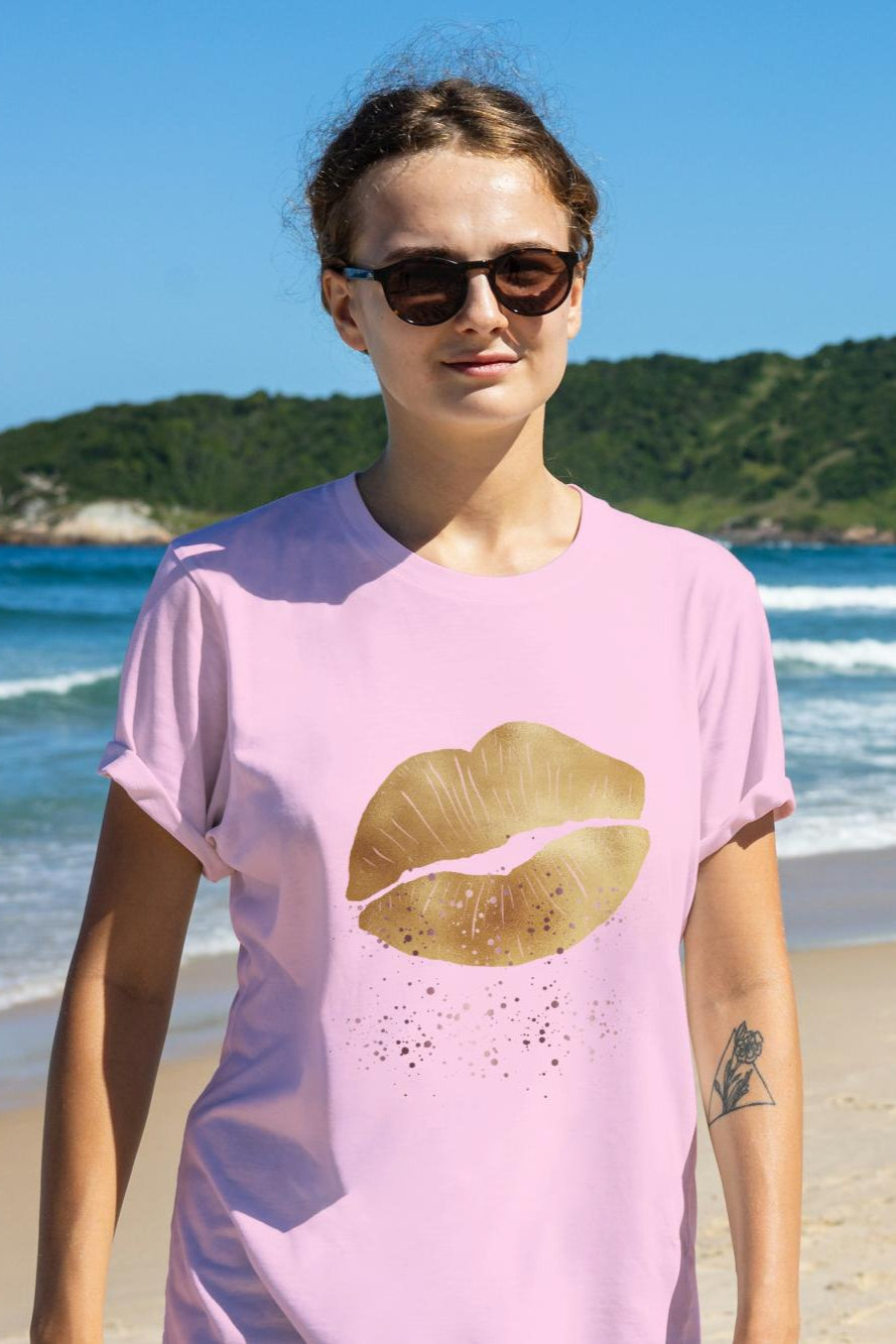 Women's Golden Lips T-shirt Sky Blue by ZealforTee