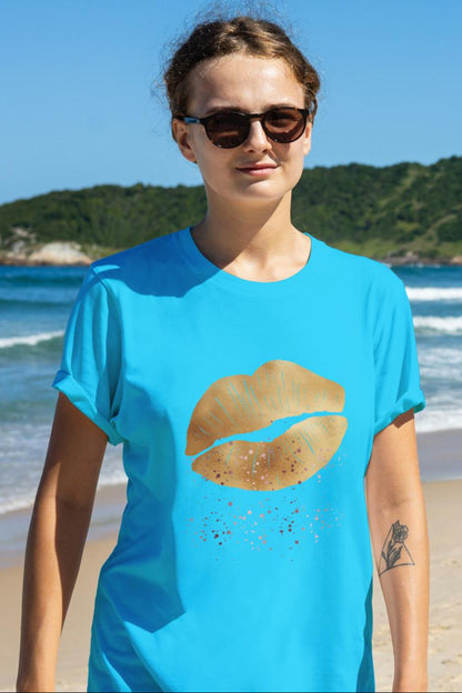 Women's Golden Lips T-shirt Sky Blue by ZealforTee