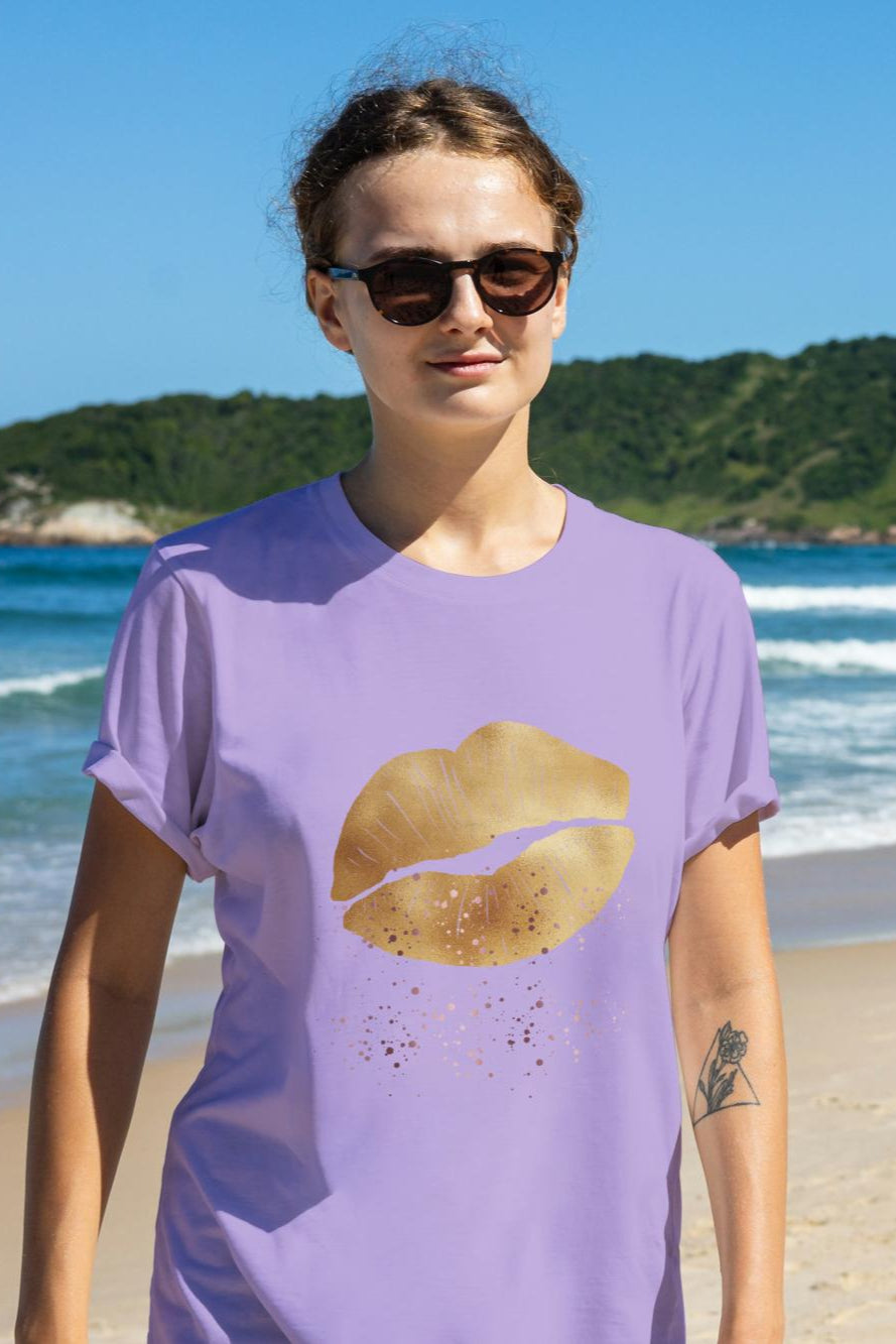 Women's Golden Lips T-shirt Sky Blue by ZealforTee