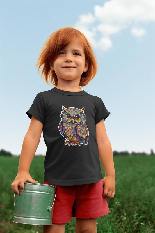 Kid's Colorful Owl Unisex T-shirt Black by ZealforTee