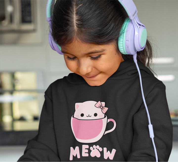 Girl's Hello Cup Kitty Hoodie Sweatshirt Black by ZealforTee