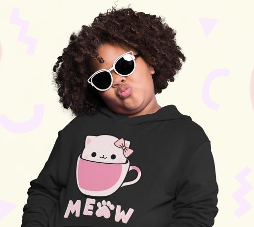 Girl's Hello Cup Kitty Hoodie Sweatshirt Black by ZealforTee