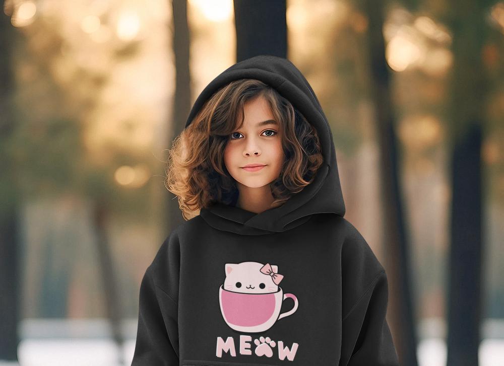 Girl's Hello Cup Kitty Hoodie Sweatshirt Black by ZealforTee