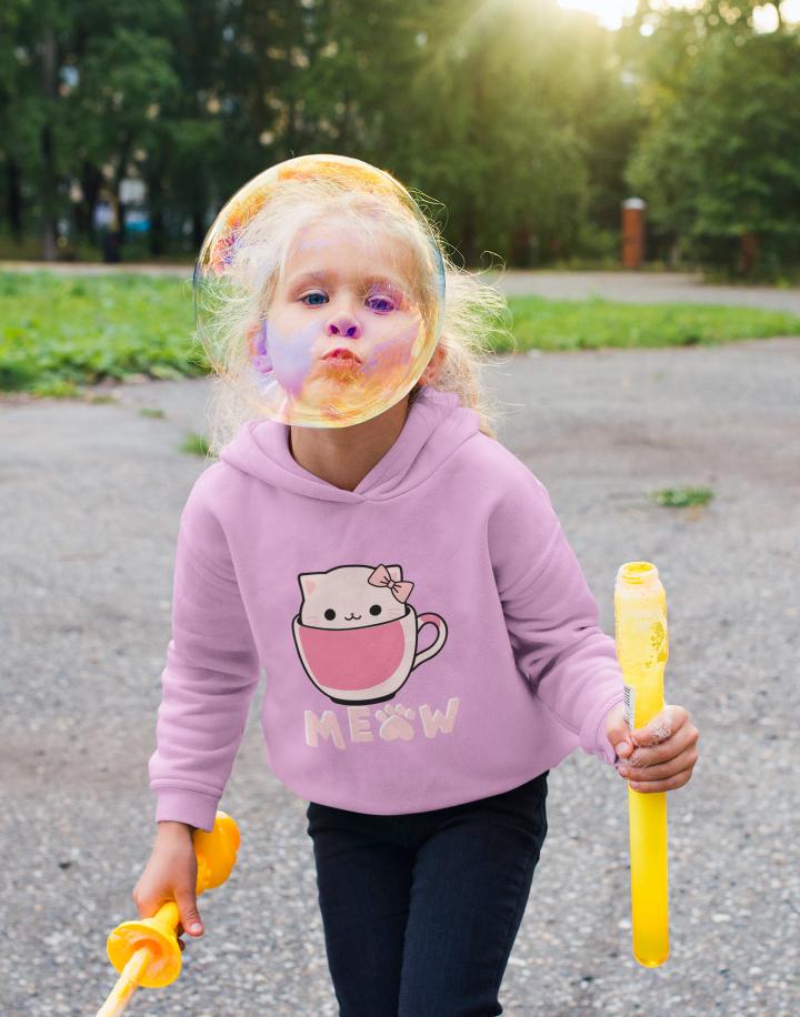 Girl's Hello Cup Kitty Hoodie Sweatshirt Light Baby Pink by ZealforTee
