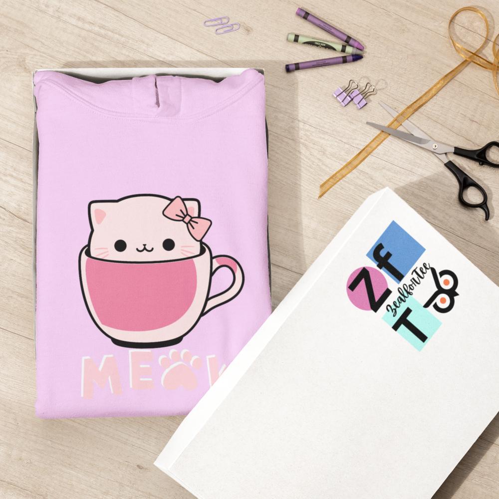 Girl's Hello Cup Kitty Hoodie Sweatshirt Light Baby Pink by ZealforTee